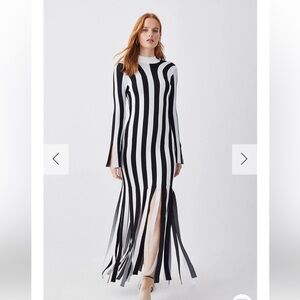 Karen Millen Monochrome Stripe Shredded Hem Jacquard Maxi Column Dress